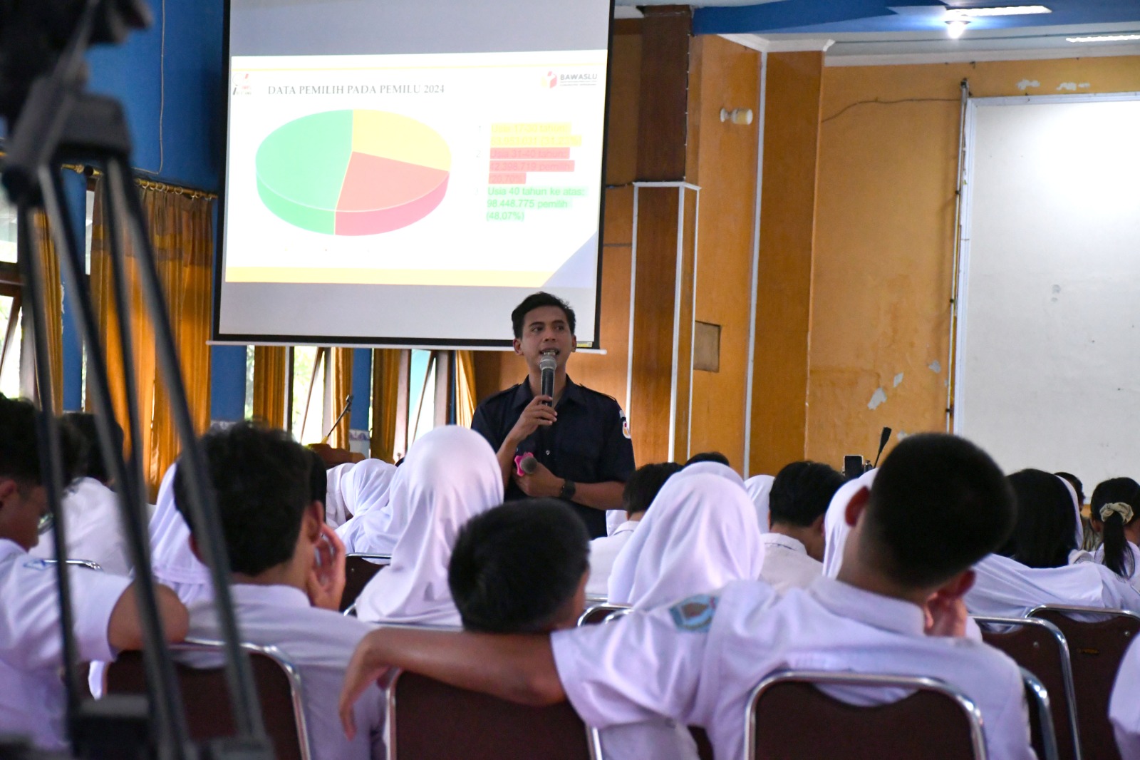 Koordinator Divisi Pencegahan, Parmas dan Humas Bawaslu Kabupaten Semarang, Muharom Al Rosyid dalam kegiatan Bawaslu Goes to School di SMA N 1 Ungaran, Selasa 12 Agustus 2025