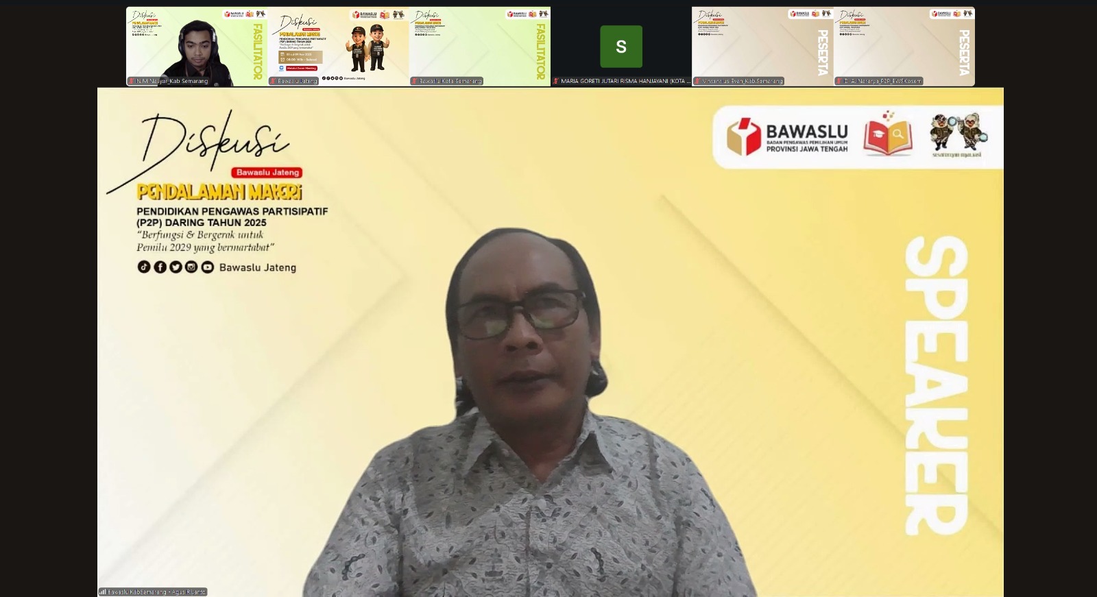 Ketua Bawaslu Kabupaten Semarang, Agus Riyanto, S.P., S.H., menjadi narasumber dalam kegiatan Diskusi Daring Kelas C Pendidikan Pengawas Partisipatif (P2P) Daring Tahun 2025
