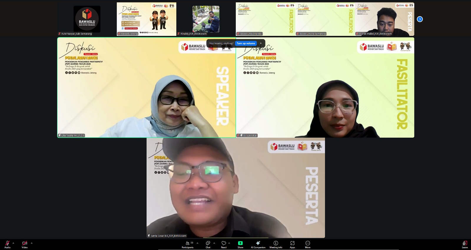 Guru Besar Ilmu Perundang-undangan Universitas Diponegoro, Prof. Dr. Lita Tyesta ALW, S.H., M.Hum. (atas kiri) saat menjadi narasumber Diskusi Daring Pendidikan Pengawas Partisipatif (P2P) Tahun 2025 