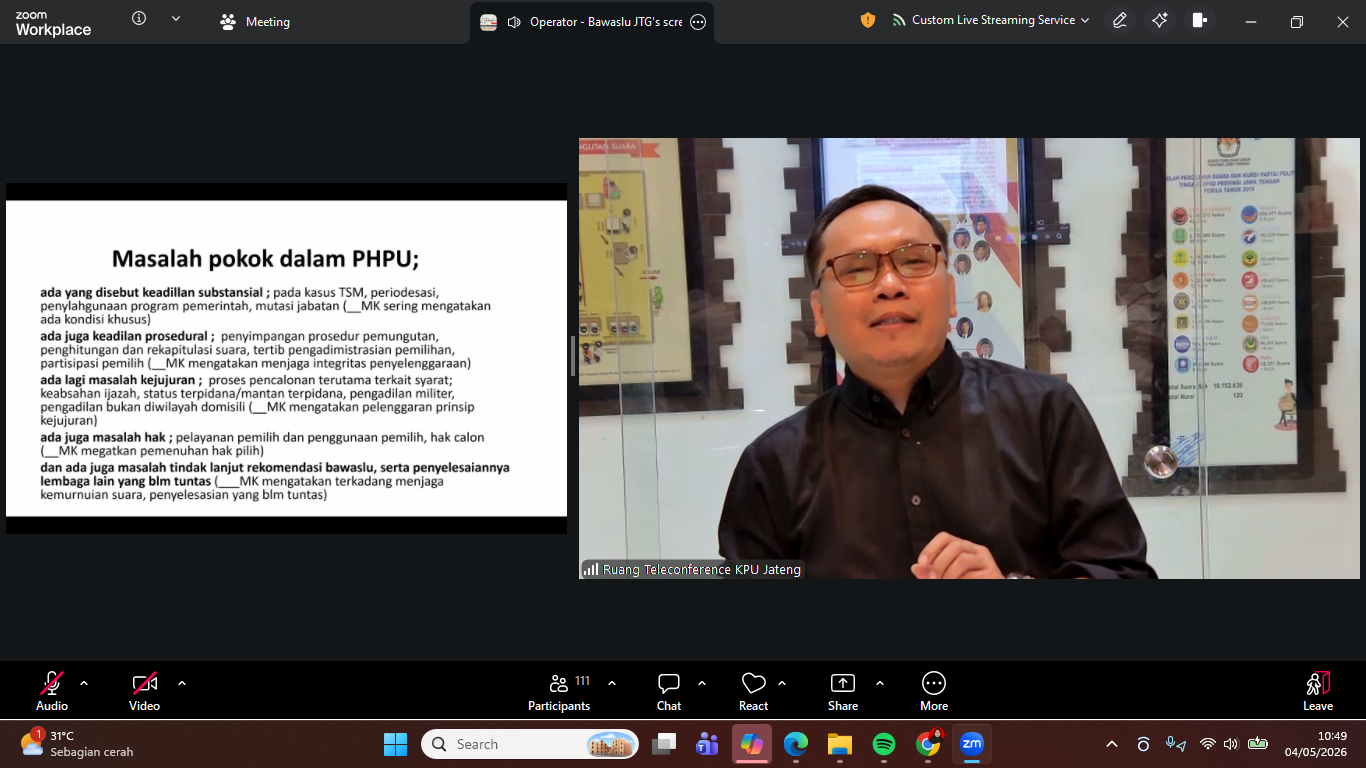 Ketua Divisi Hukum dan Pengawasan KPU Provinsi Jawa Tengah, Muslim Aisha paparkan materi dalam kegiatan Literasi Pojok Pengawasan Vol. 12 yang diselenggarakan oleh Bawaslu Provinsi Jawa Tengah secara daring melalui Zoom Meeting pada Senin, 4 Mei 2026.