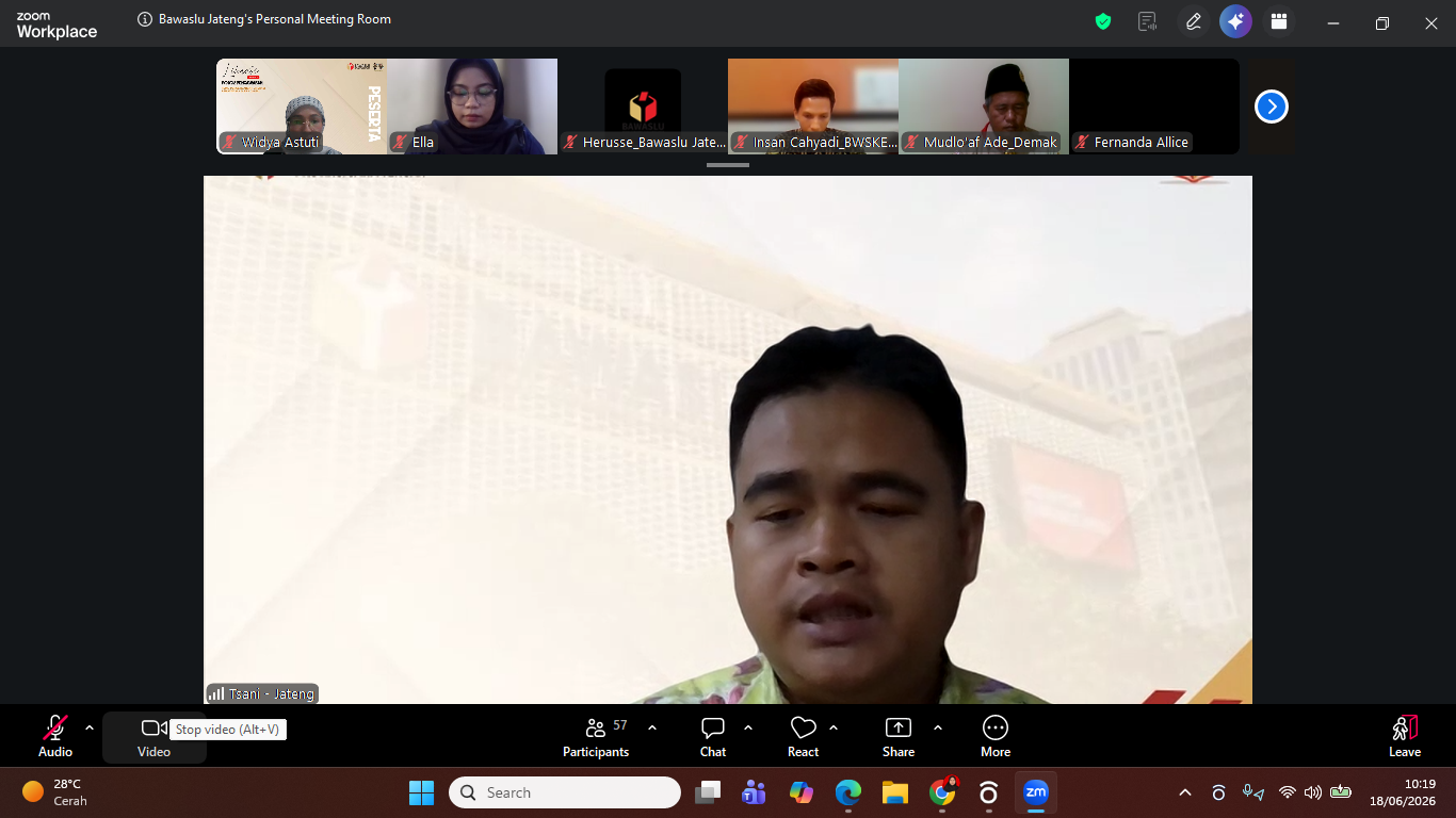 Rapat Koordinasi Penarikan Data Partisipasi Masyarakat (Parmas) Semester I Tahun 2026 yang diselenggarakan oleh Bawaslu Provinsi Jawa Tengah secara daring melalui Zoom Meeting, Kamis (18/6/2026).