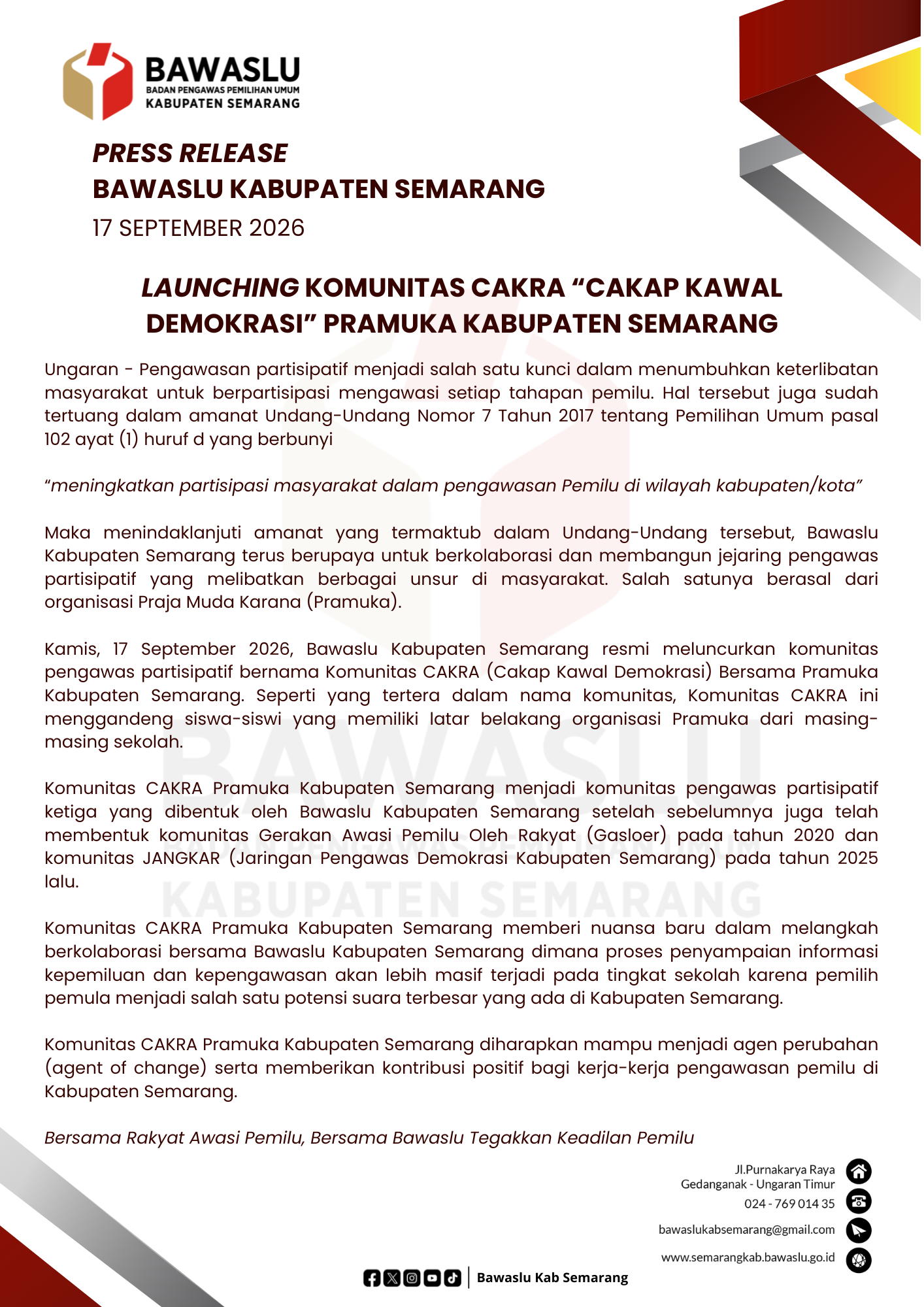 Press Release Launching Komunitas CAKRA Pramuka Kabupaten Semarang