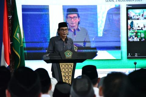 Ketua Bawaslu Kabupaten Semarang Agus Riyanto dalam sambutan kegiatan penandatanganan MoU dengan Kementerian Agama Kabupaten Semarang, Senin 3 November 2025